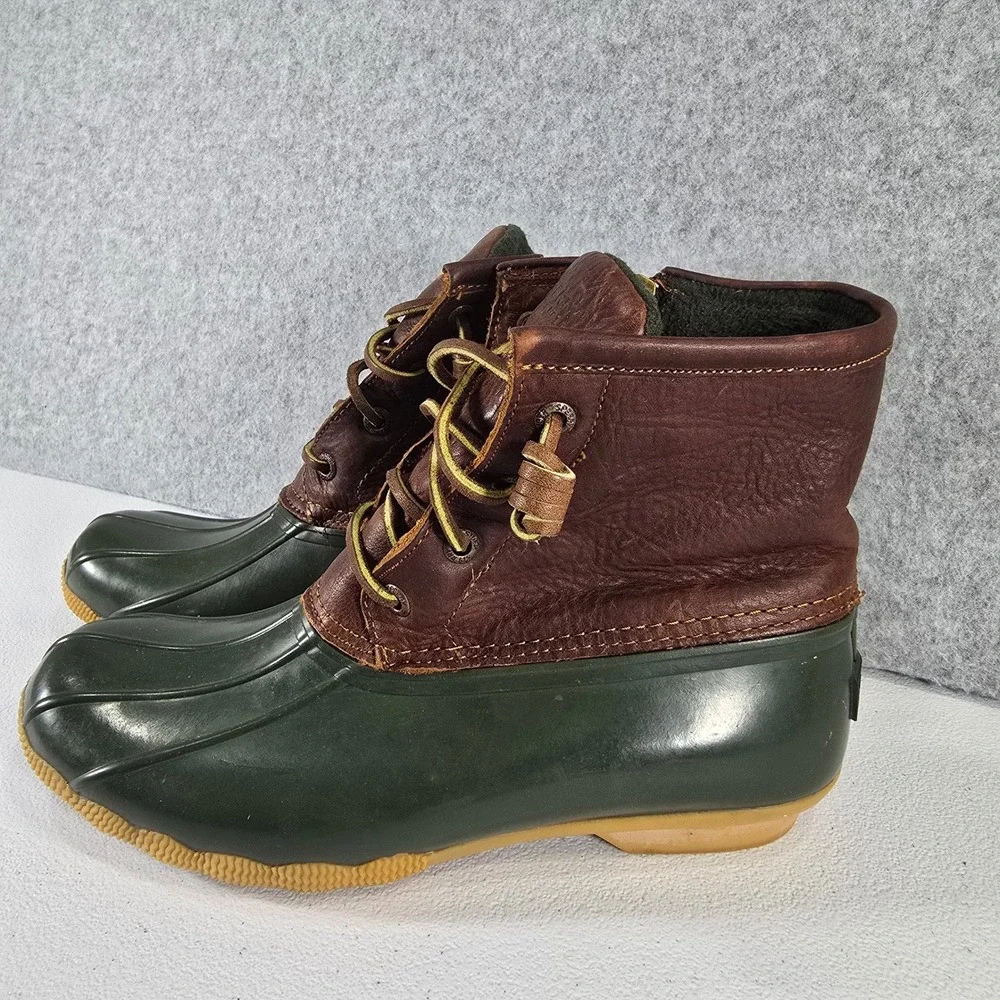 Sperry Saltwater Duck Boots Womens 6.5 Green Brown Leather Waterproof STS90998